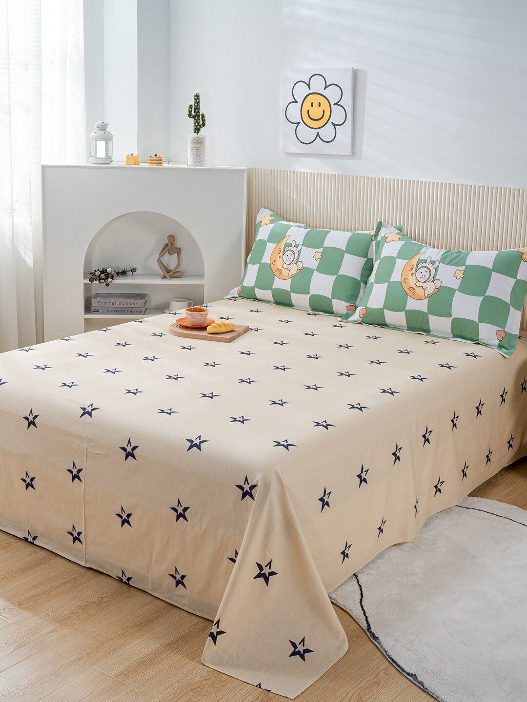 JC Collection Peach & Green Colored Printed Single Bed Pure Cotton Bedding Set Price in India