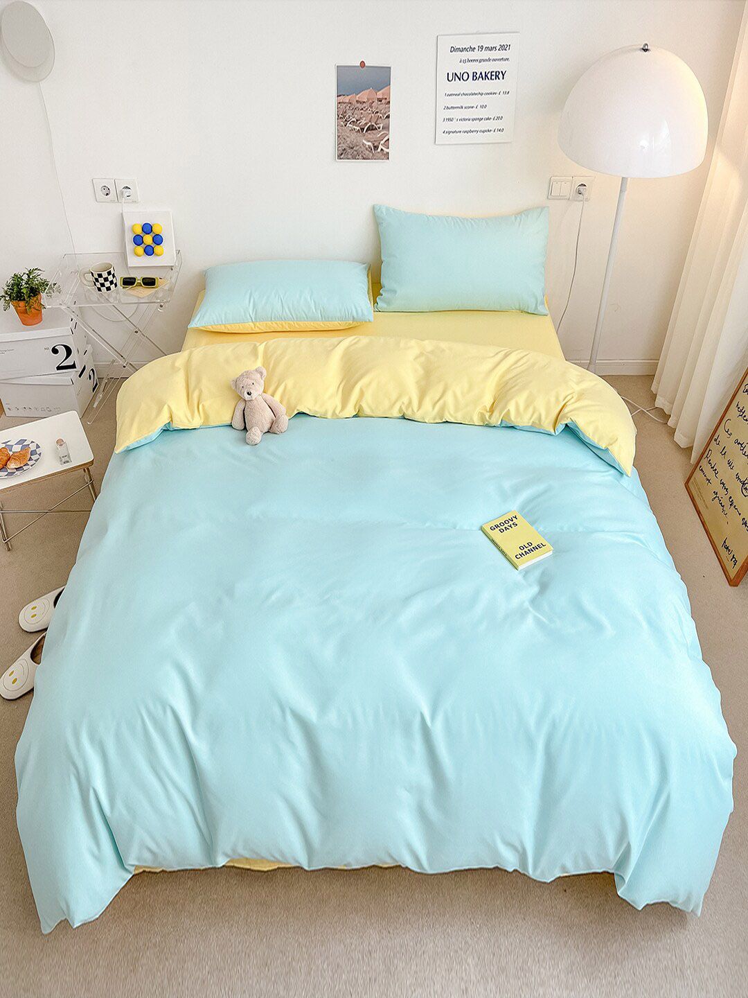 JC Collection Yellow &Turquoise Blue Printed Poly Cotton Bedding Set with Quilt Cover Price in India