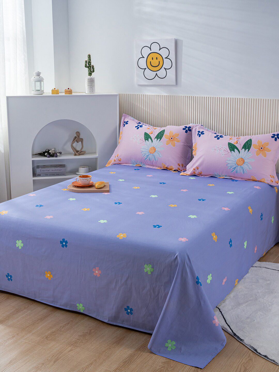 JC Collection Blue & Pink Printed Pure Cotton Bedding Set Price in India