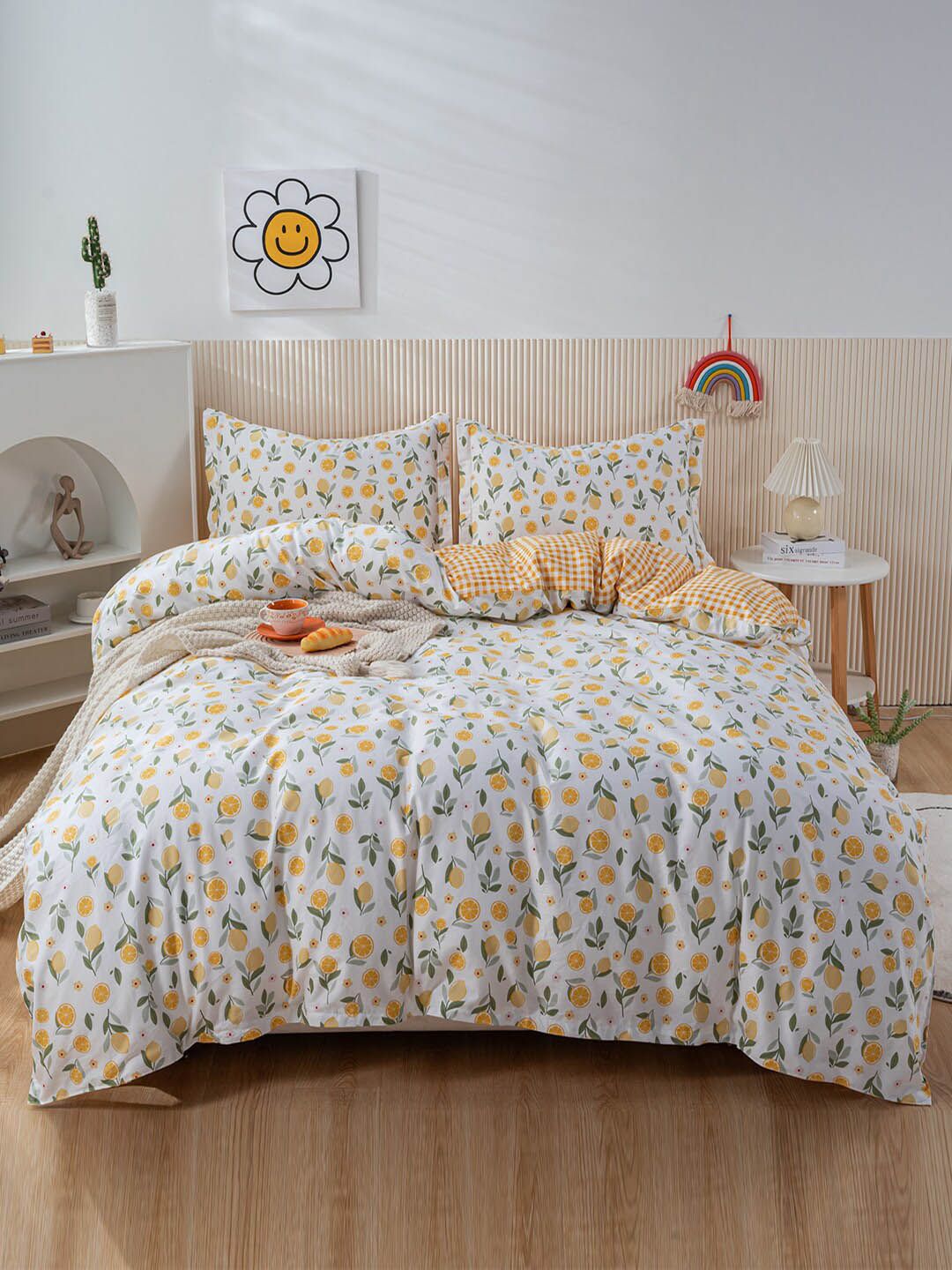 JC Collection White & Yellow Printed Double Extra Large Pure Cotton Bed Covers With 2 Pillow Covers Price in India