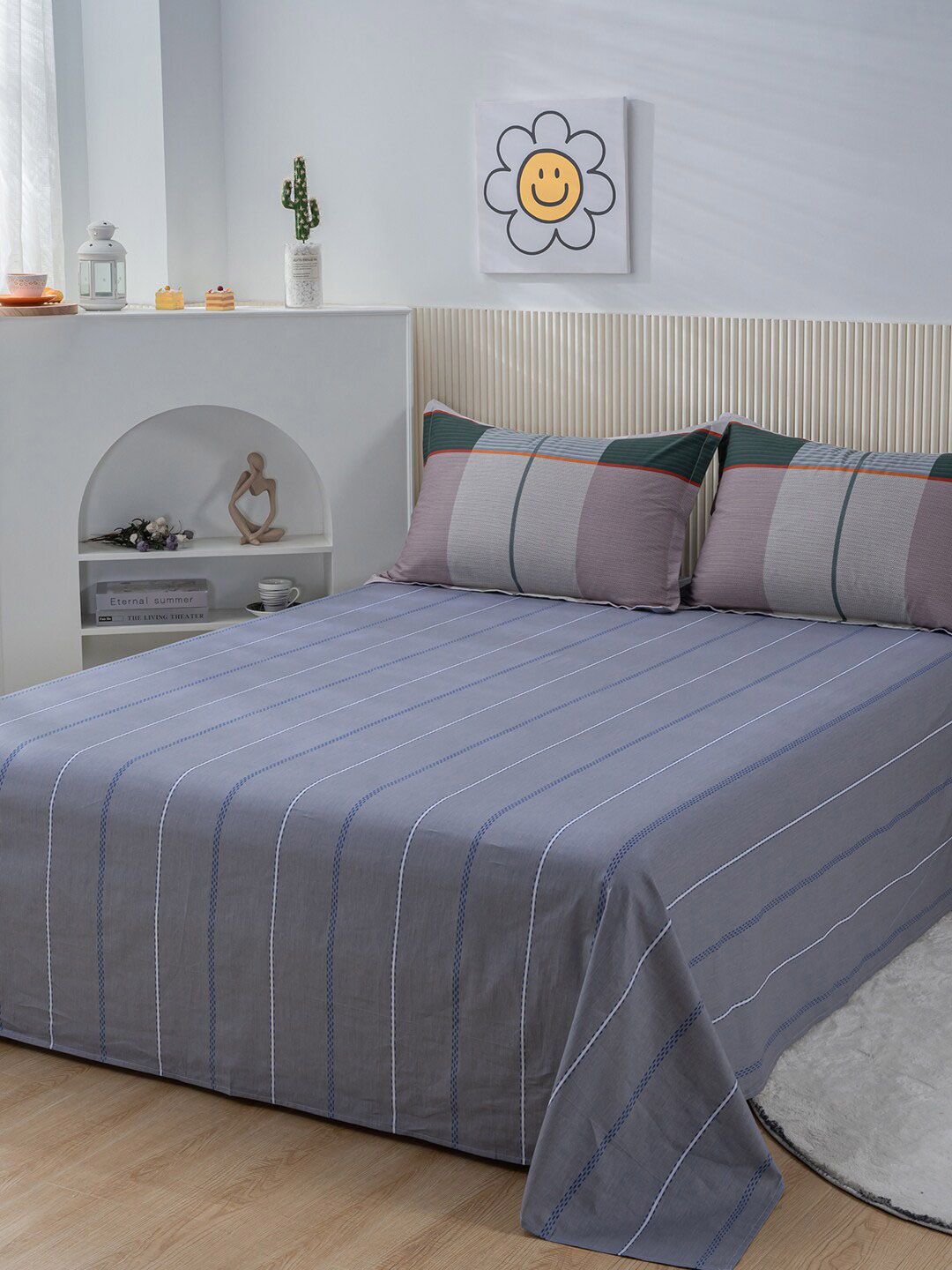 JC Collection Blue & Grey Striped Pure Cotton Bedding Set with Quilt Cover Price in India