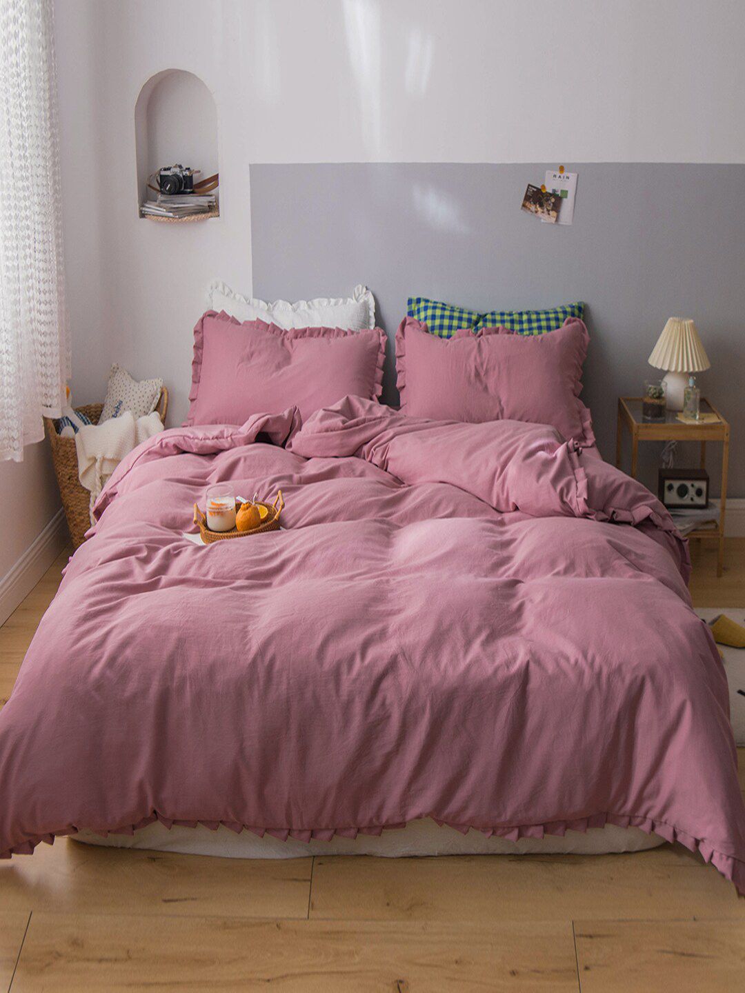 JC Collection Rose-Coloured Solid Double King Bedding Set Price in India