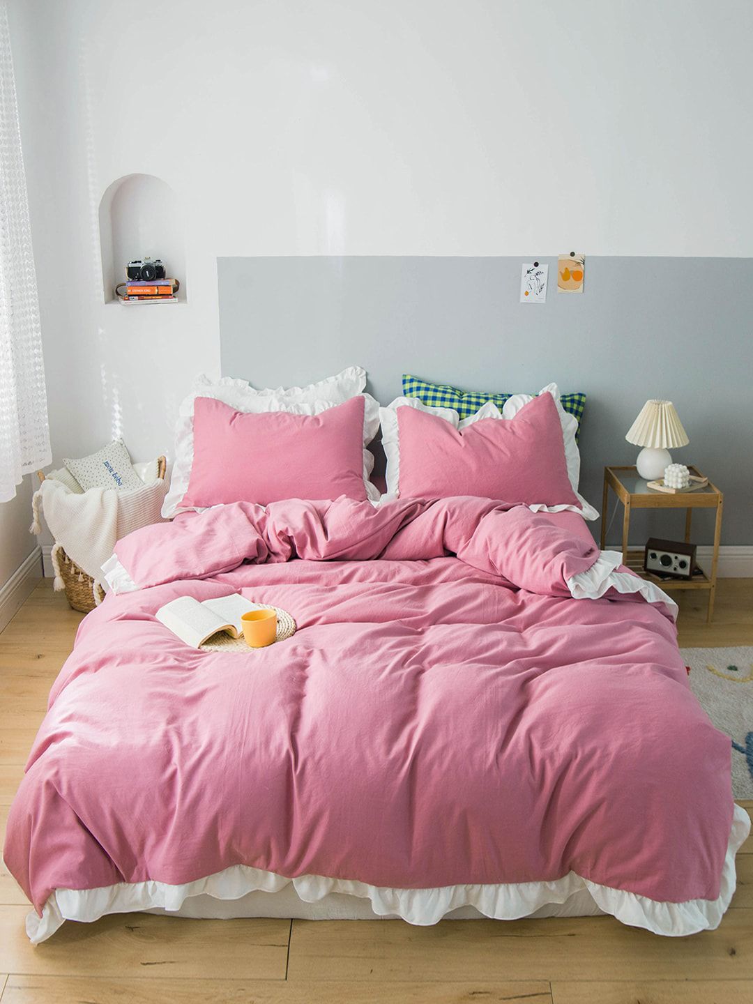 JC Collection Rose Pink & White Solid  Double King Bed Covers With 2 Pillow Covers Price in India