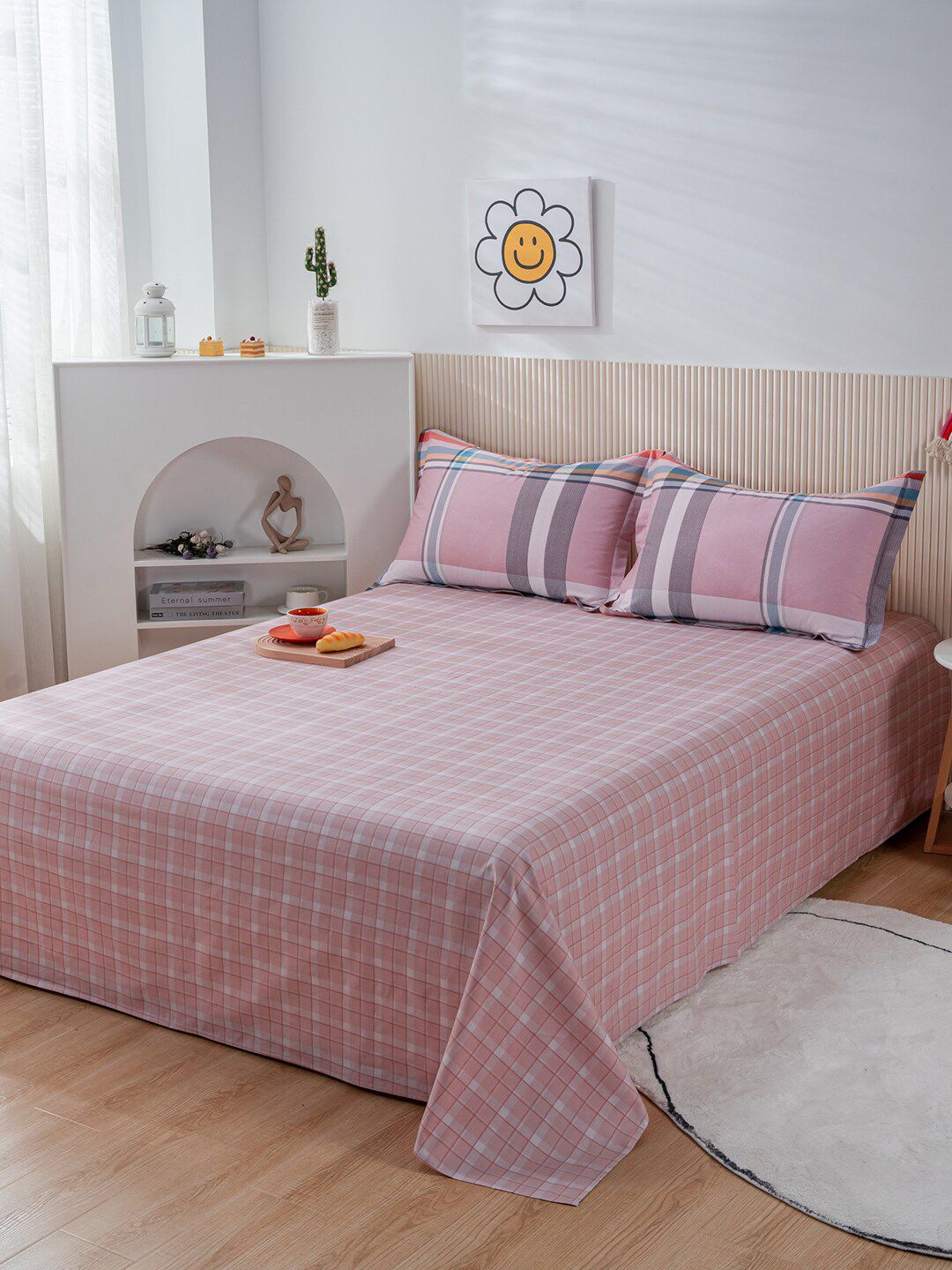JC Collection Pink & Blue Checked Double King Bedding Set Price in India