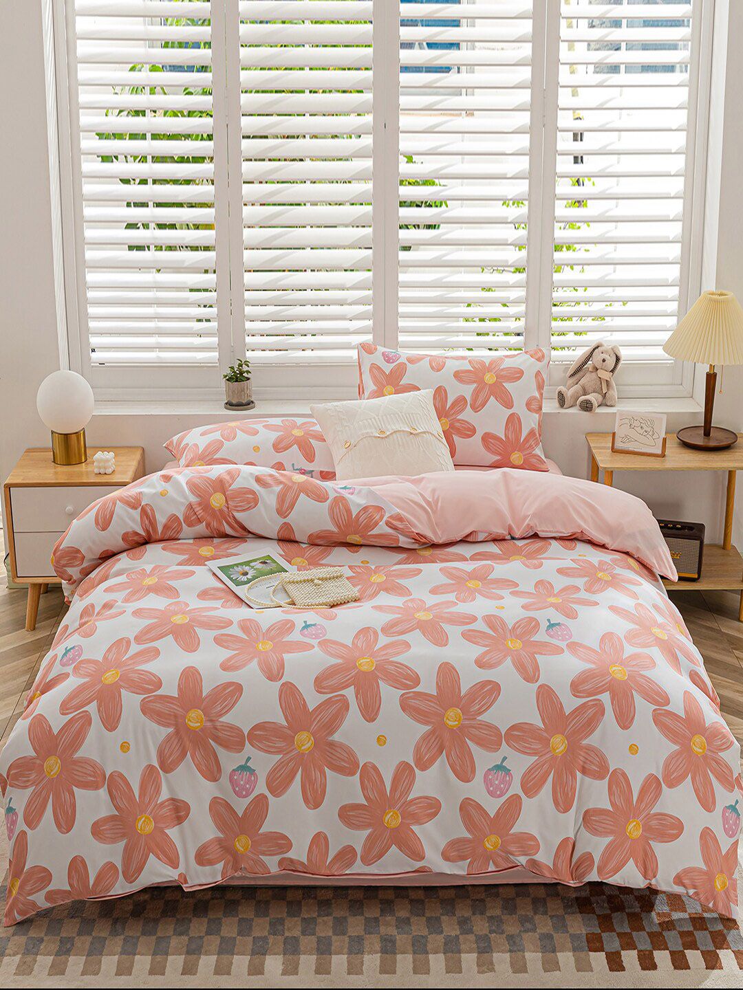 JC Collection Pink Floral Printed Double Queen Cotton Bedding Set Price in India