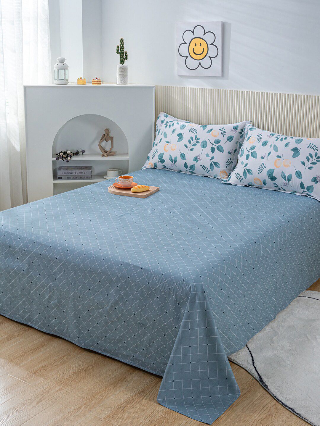 JC Collection Blue & White Printed Cotton Double XL Bedding Set Price in India