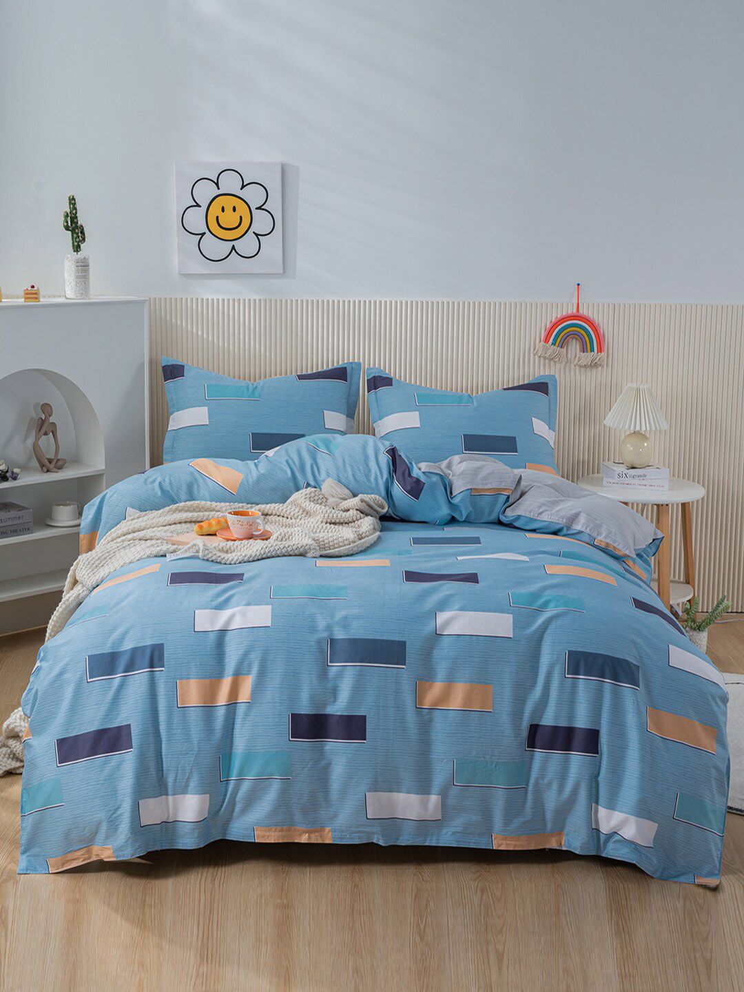 JC Collection Blue & Grey Striped Pure Cotton Double Extra Large Bedding Set Price in India