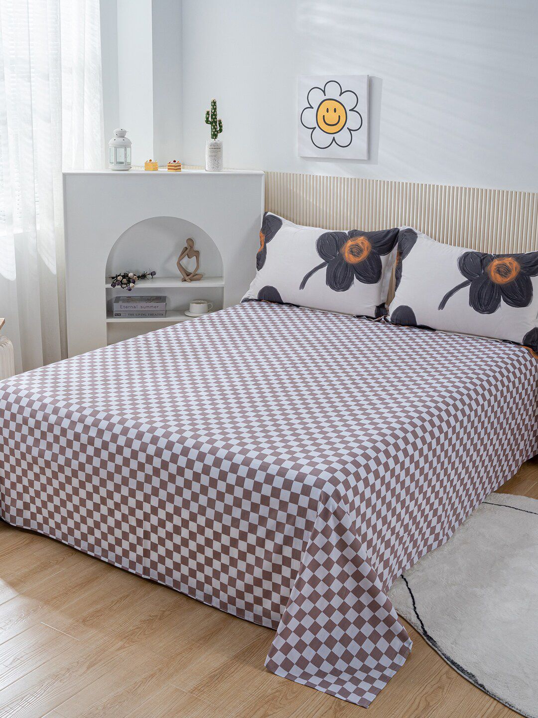 JC Collection White & Brown Checked Pure Cotton Bedding Set Price in India