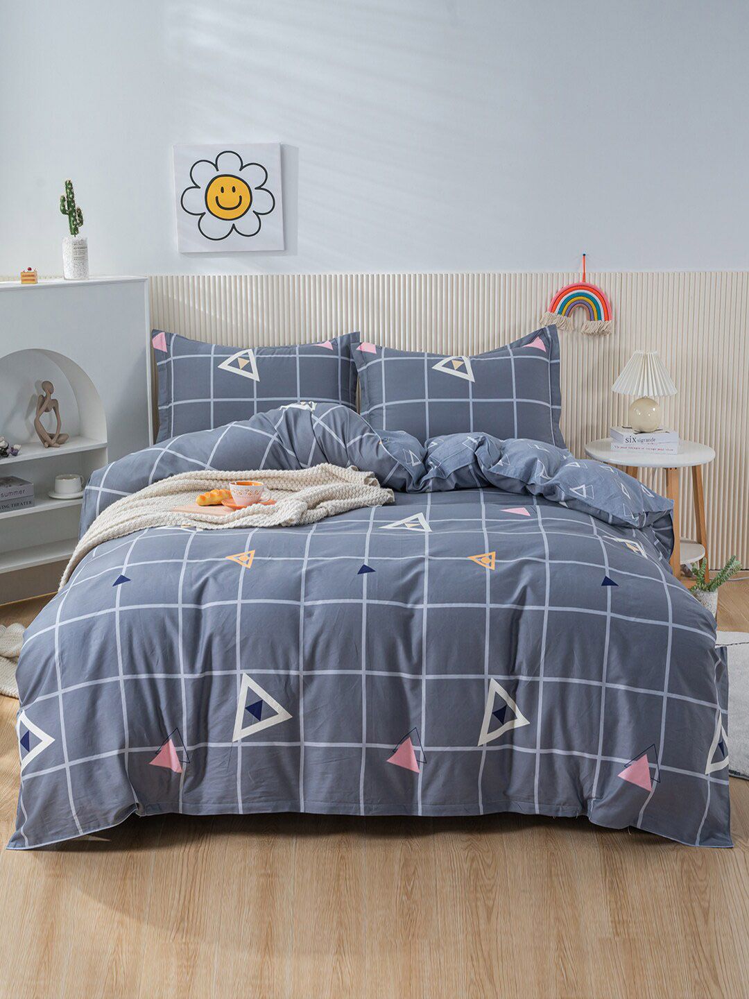 JC Collection Blue Checked Double Queen Pure Cotton Bedding Set Price in India