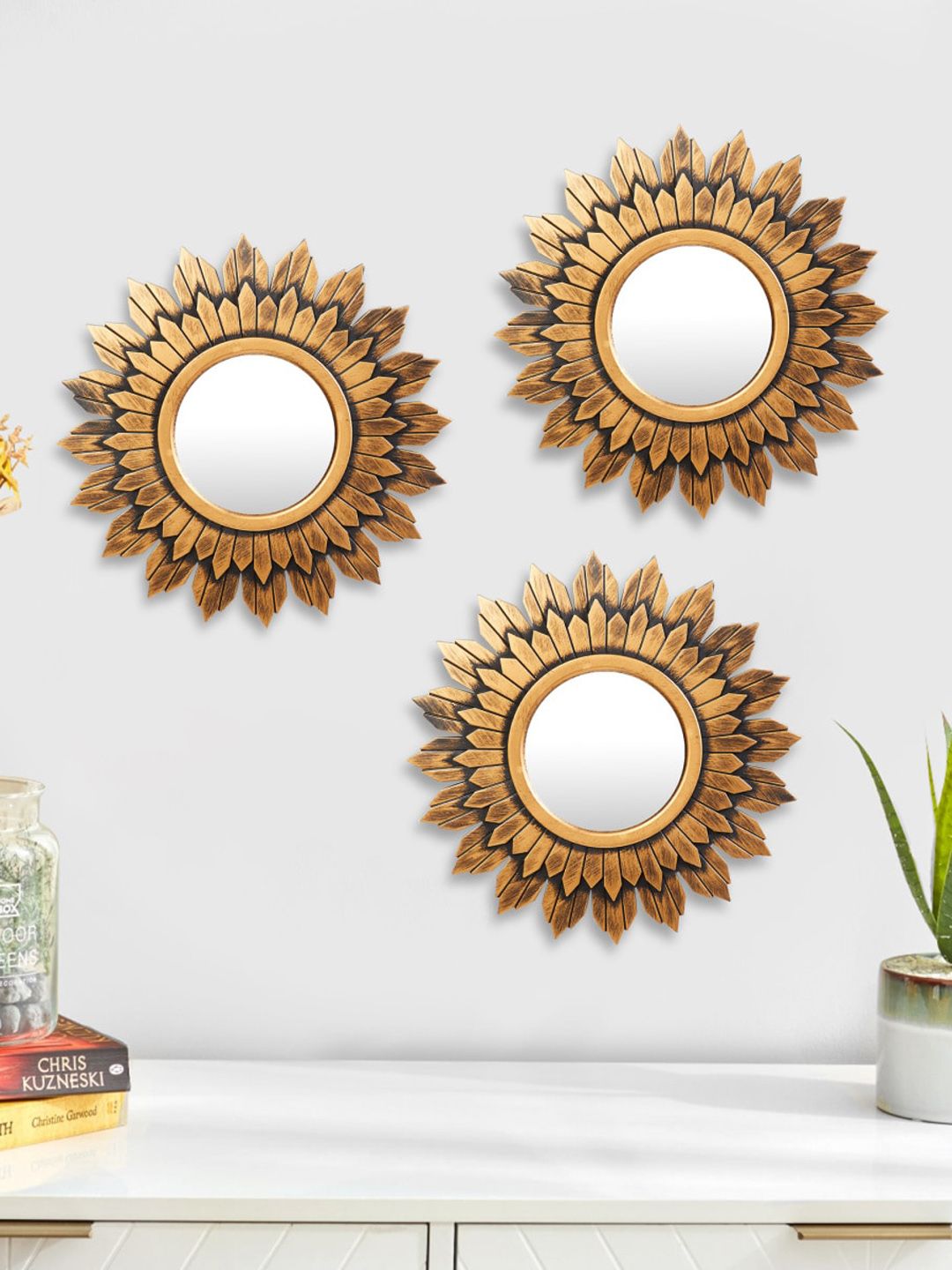 Home Centre Set Of 3 Gold-Toned Textured Wall Decor with Mirror Price in India