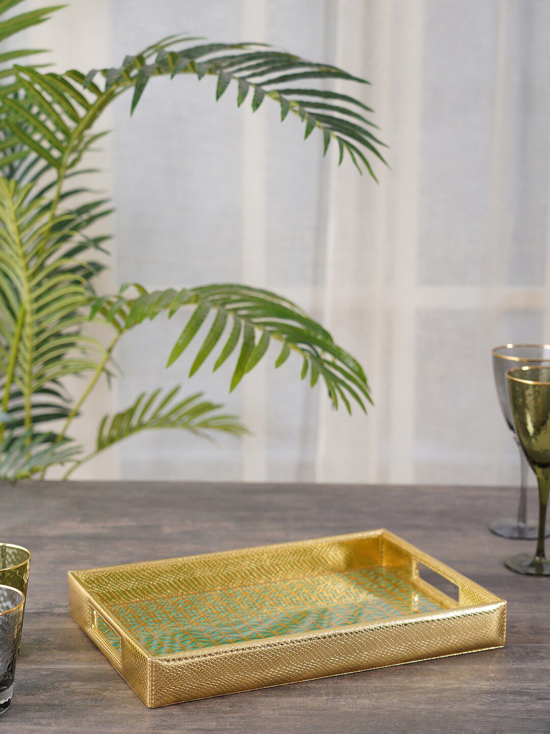 Pure Home and Living Green & Gold-Toned Printed Ceramic Trays Price in India