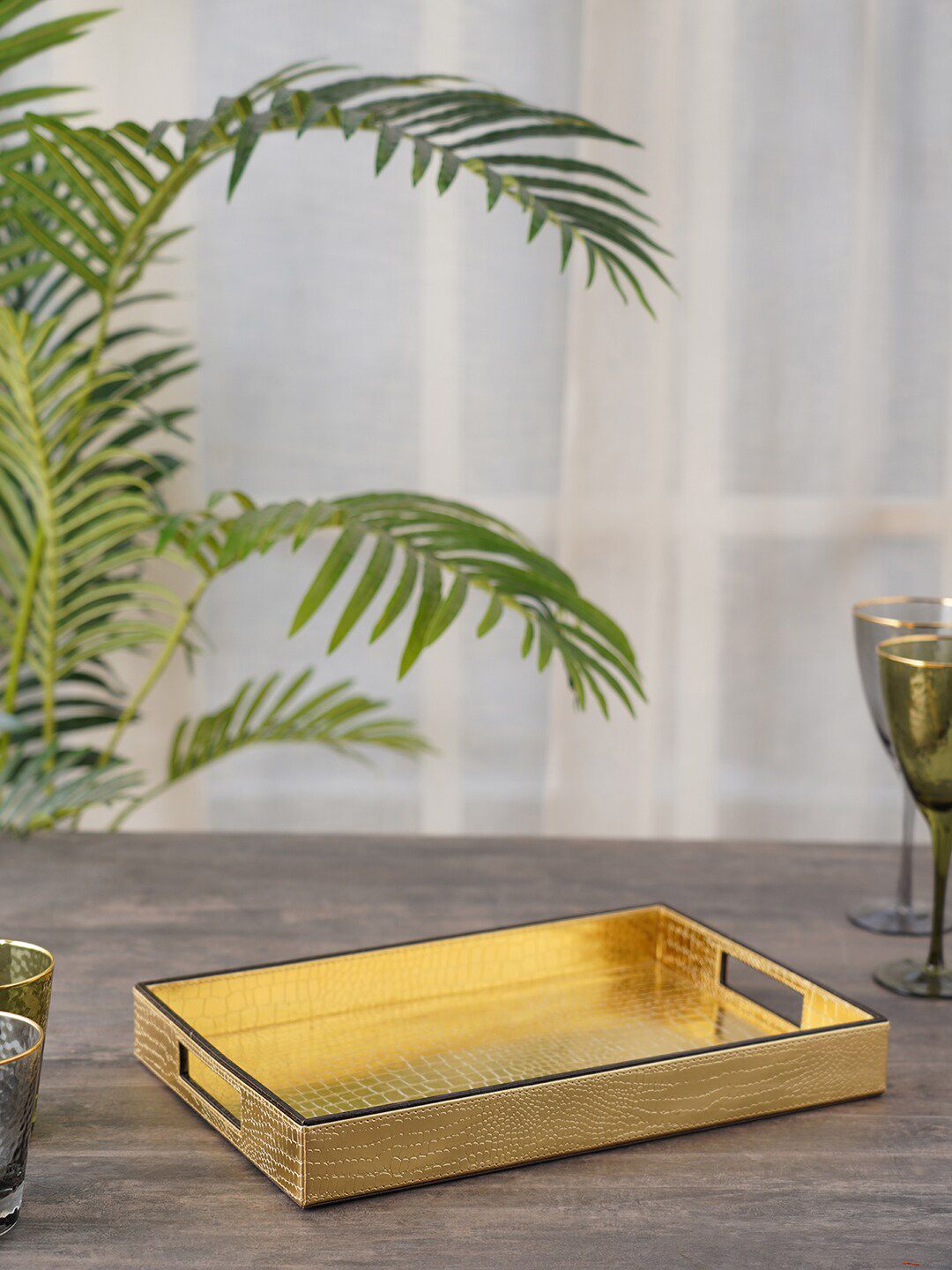 Pure Home and Living Gold Wood Rectangle Serving Tray Price in India