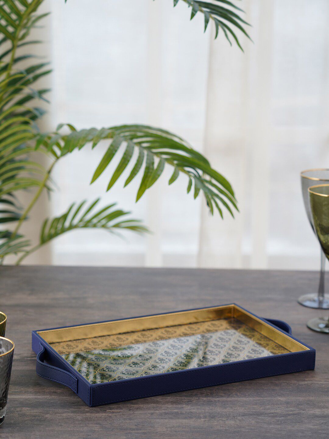 Pure Home and Living Blue  Gold-Toned Printed Rectangle Serving Tray Price in India