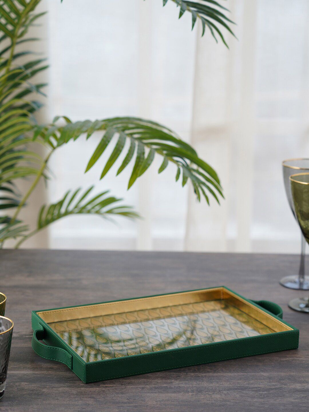 Pure Home and Living Green & Gold-Toned Printed Rectangle Serving Tray Price in India