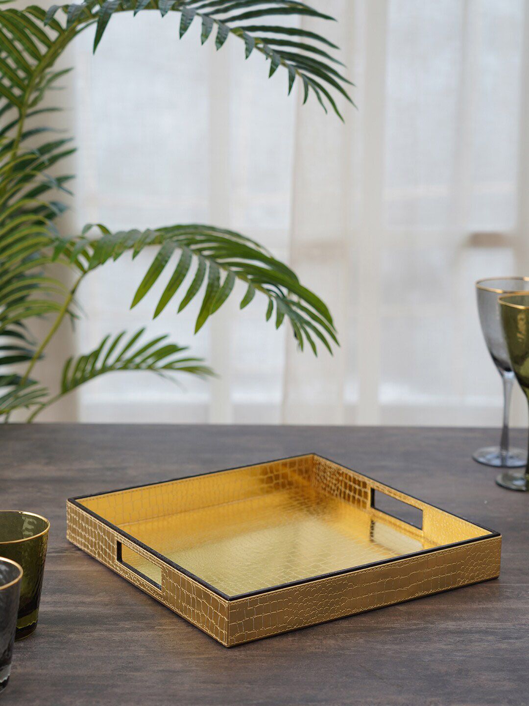 Pure Home and Living Gold-Toned Square Serving Tray Price in India