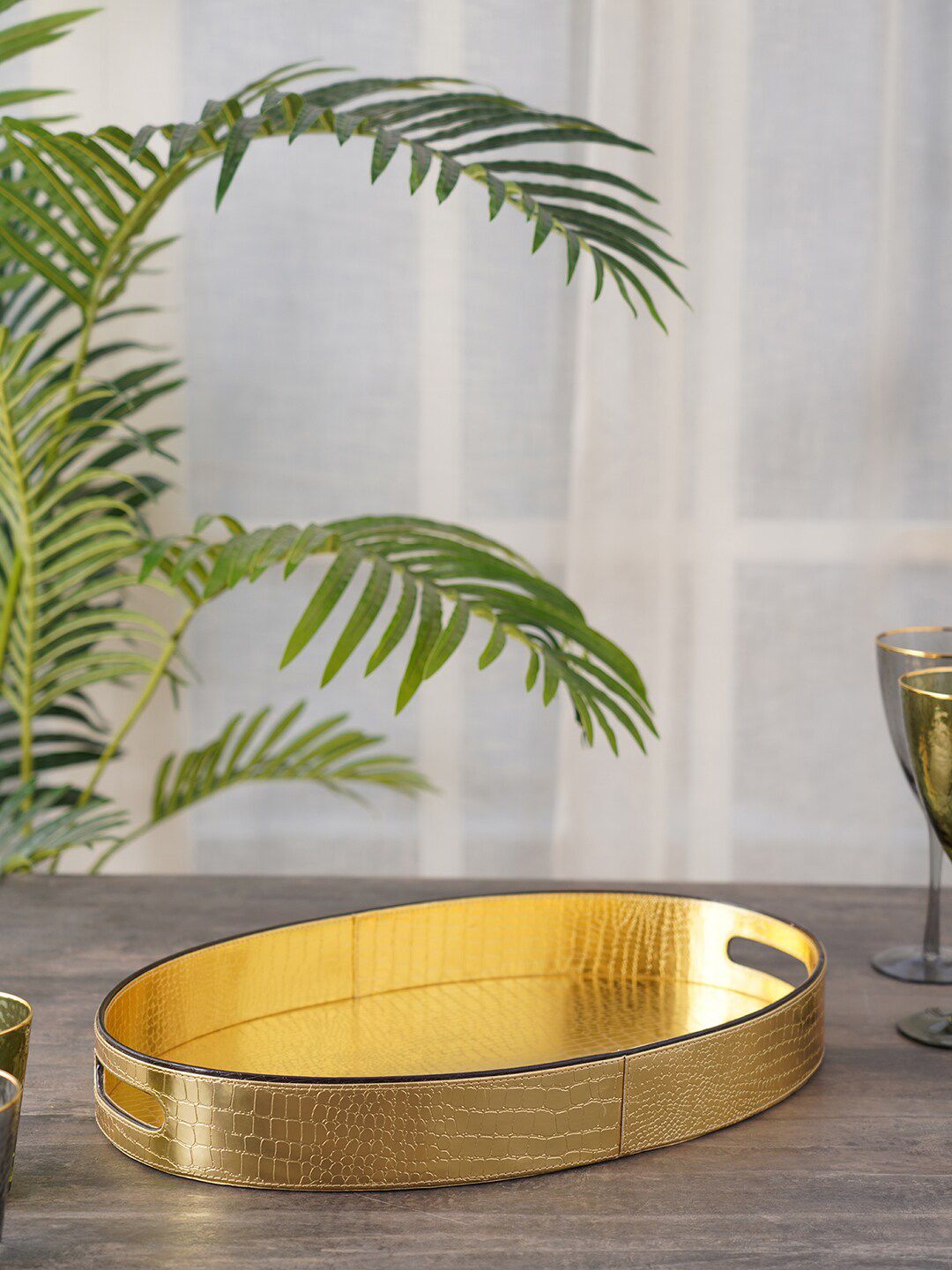 Pure Home and Living Gold Oval Tray Price in India