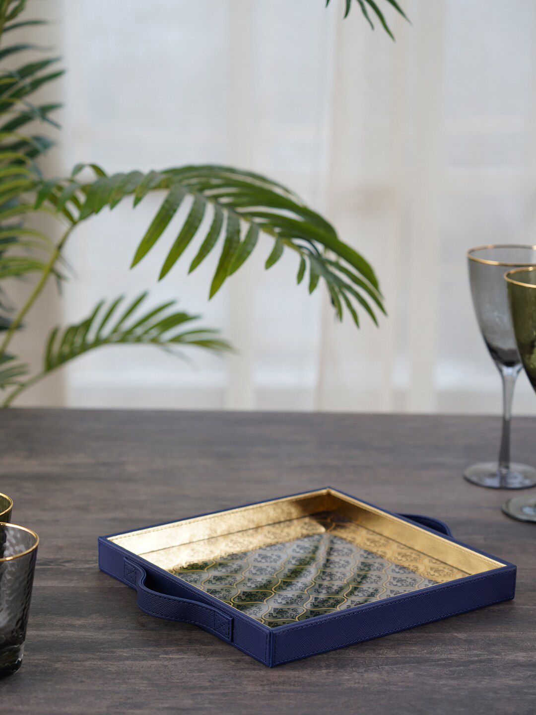 Pure Home and Living Blue & Gold-Toned Printed Square Serving Tray Price in India