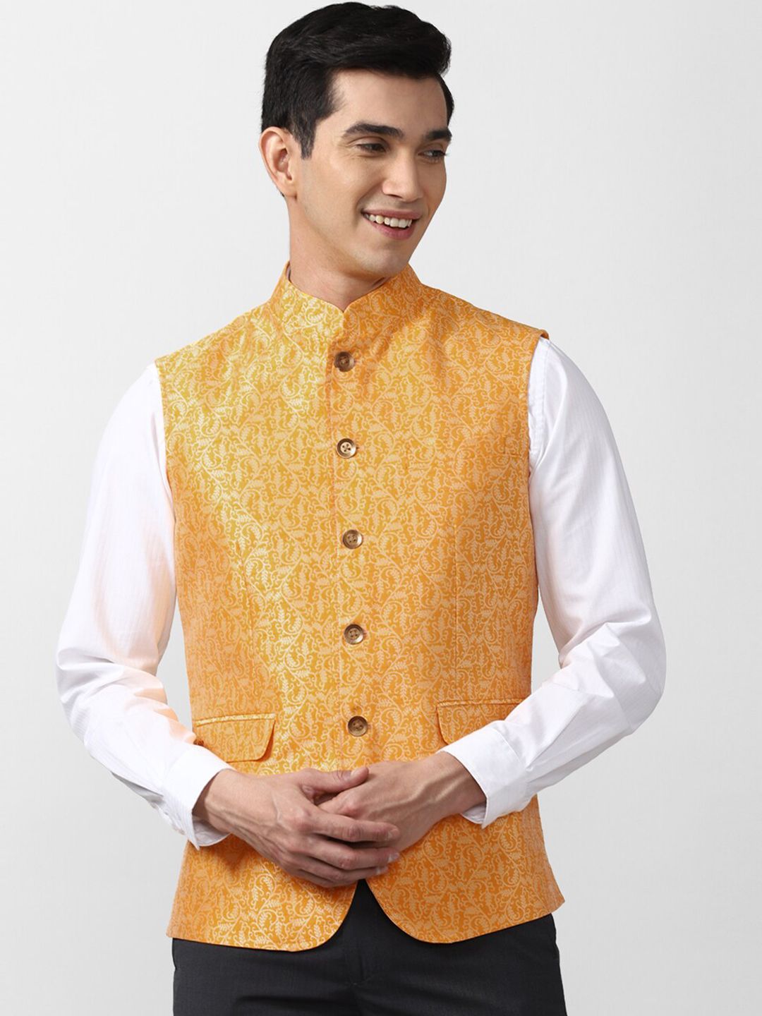 Peter England Elite Men Orange Printed Woven Nehru Jacket