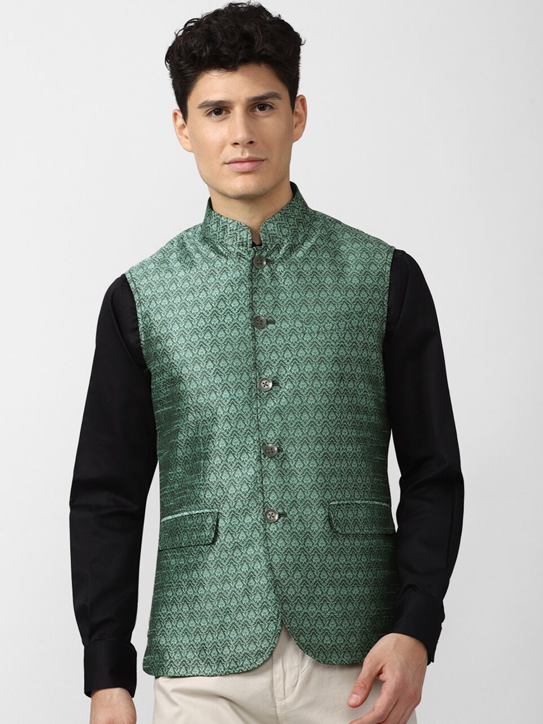 Peter England Elite Men Green Printed Nehru Jackets