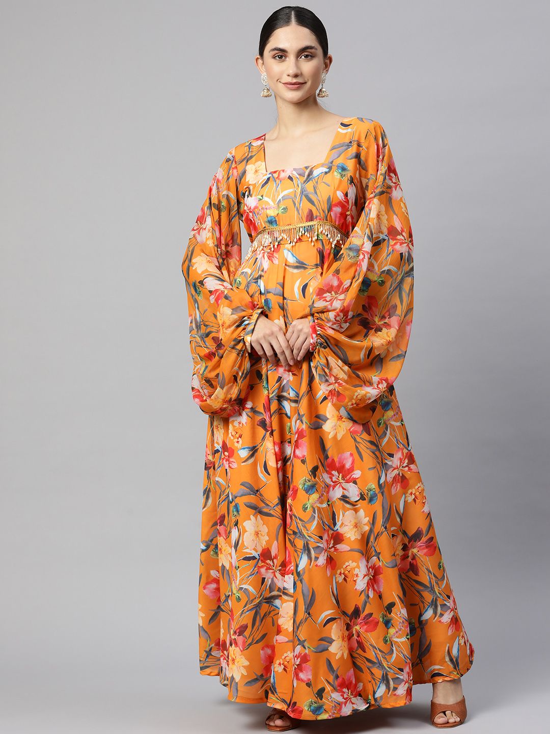 SHADES Mustard Yellow & Pink Floral Print Ethnic Empire Dress Price in India