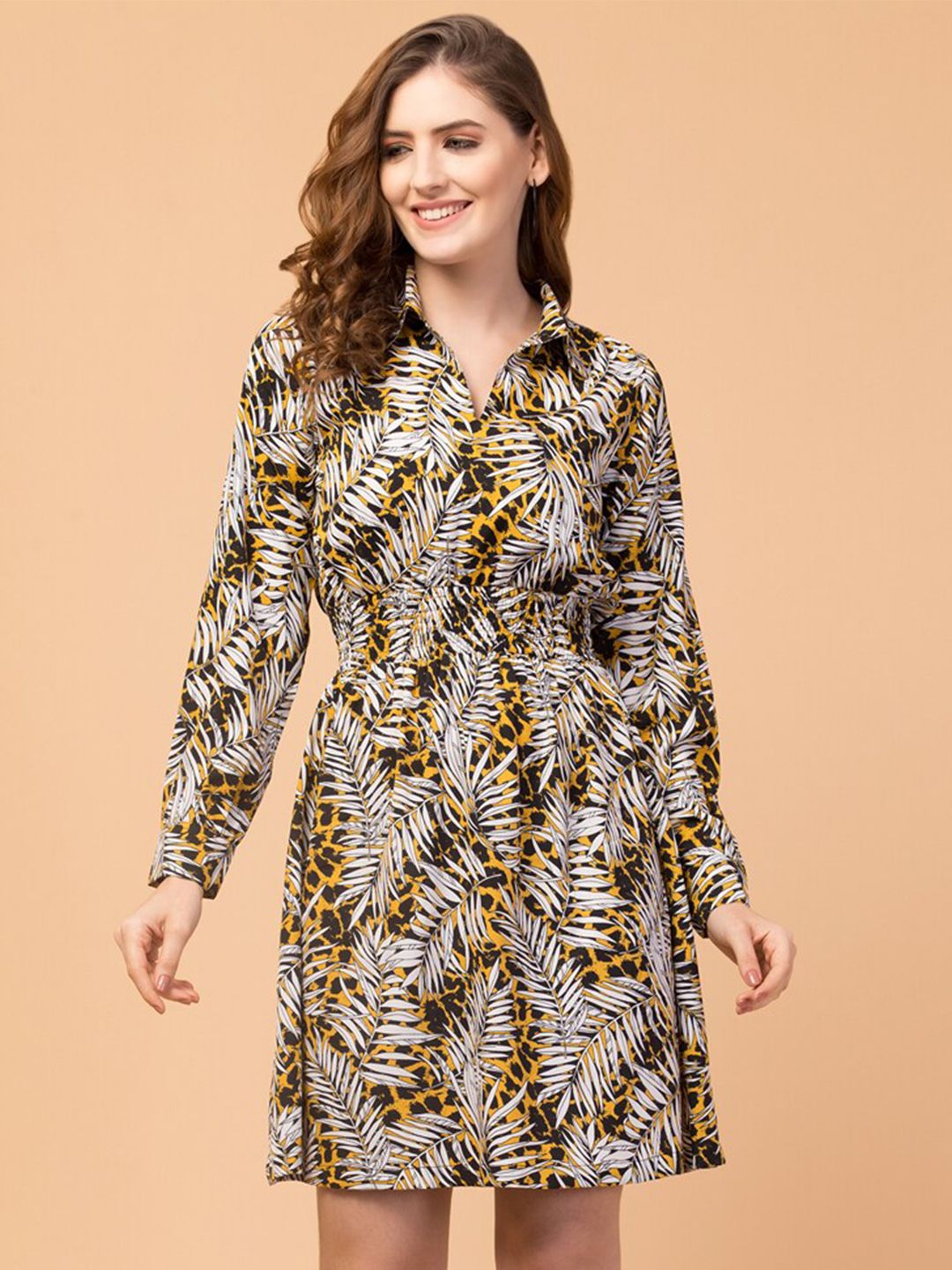 Hive91 Yellow & Black Tropical Crepe Formal Shirt Dress Price in India