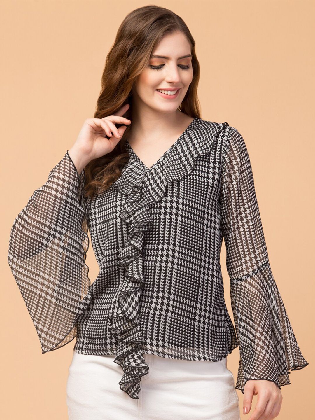 Hive91 Women Black & Grey Checked Ruffles Chiffon Top Price in India