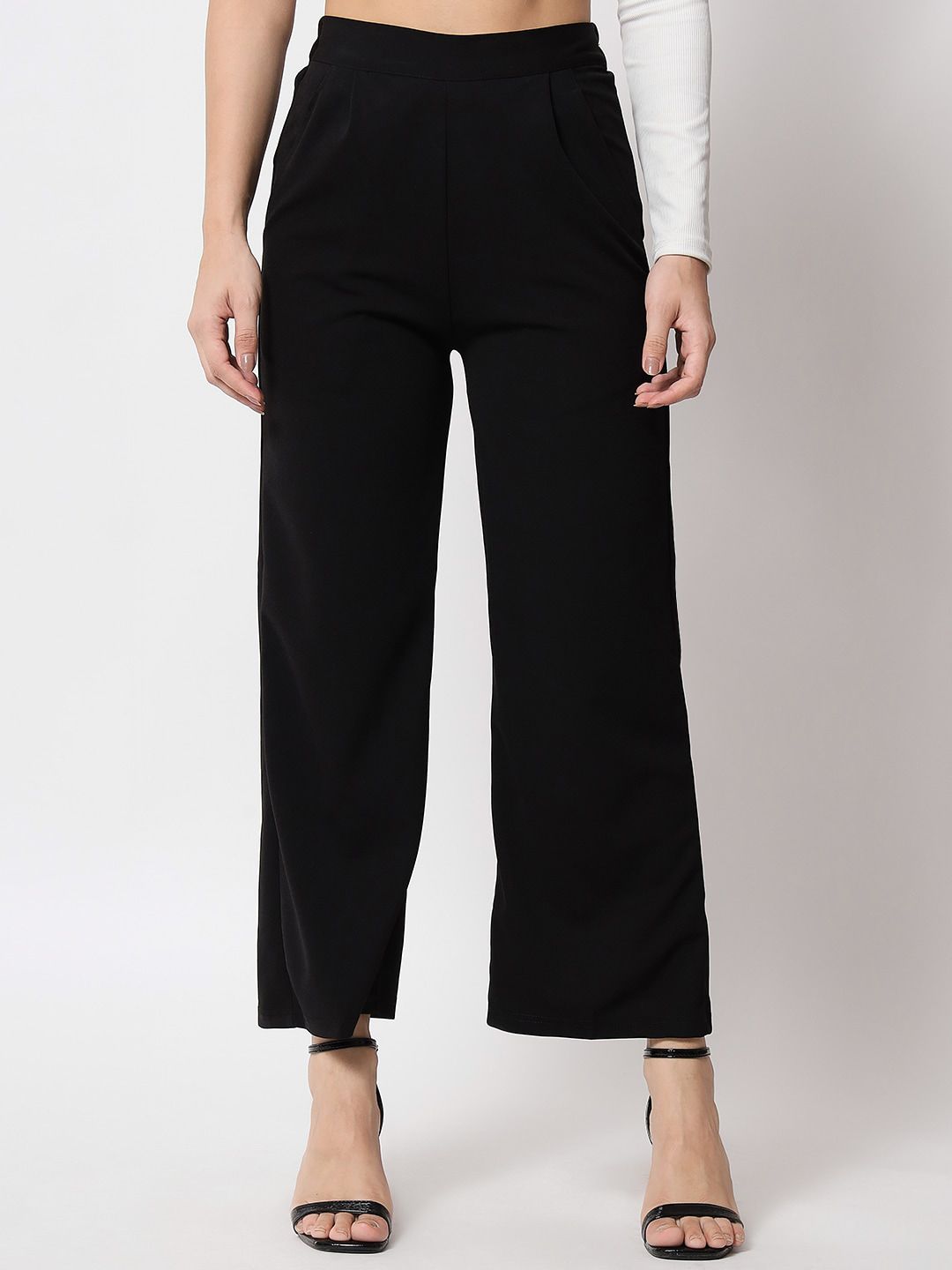 Q-rious Women Black Relaxed Flared High-Rise Trousers Price in India