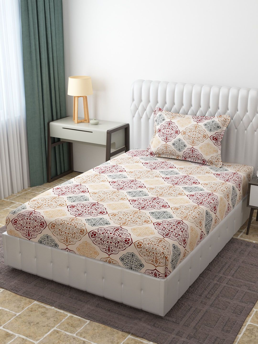 Molly & Michel Beige & Maroon Ethnic Motifs 210 TC Single Bedsheet with 1 Pillow Covers Price in India