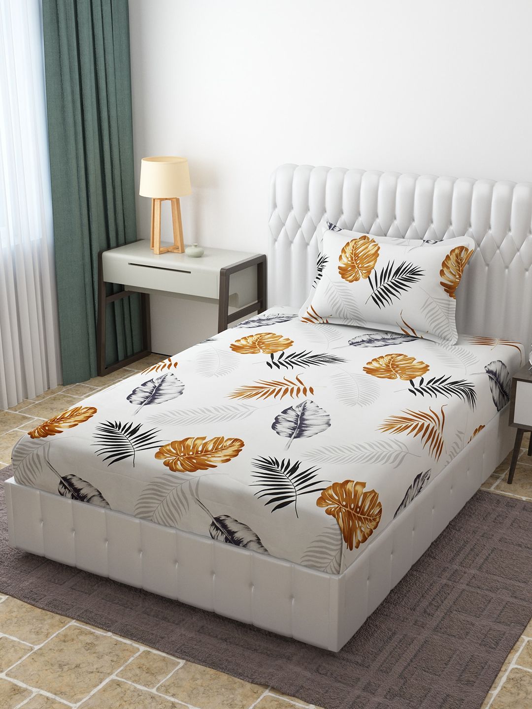 Molly & Michel White & Grey Floral 210 TC Single Bedsheet with 1 Pillow Covers Price in India