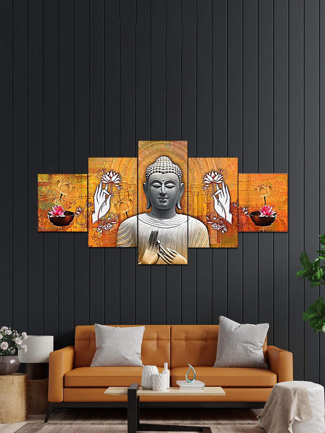 Perpetual Mustard Yellow & Grey Set of 5 Buddha Wall Paintings Price in India