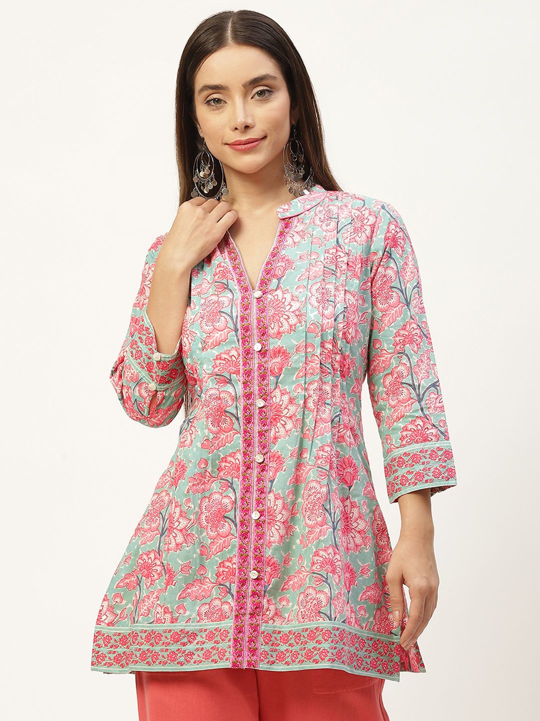 Jaipur Morni Green & Pink Print Mandarin Collar Cotton A-line Top Price in India