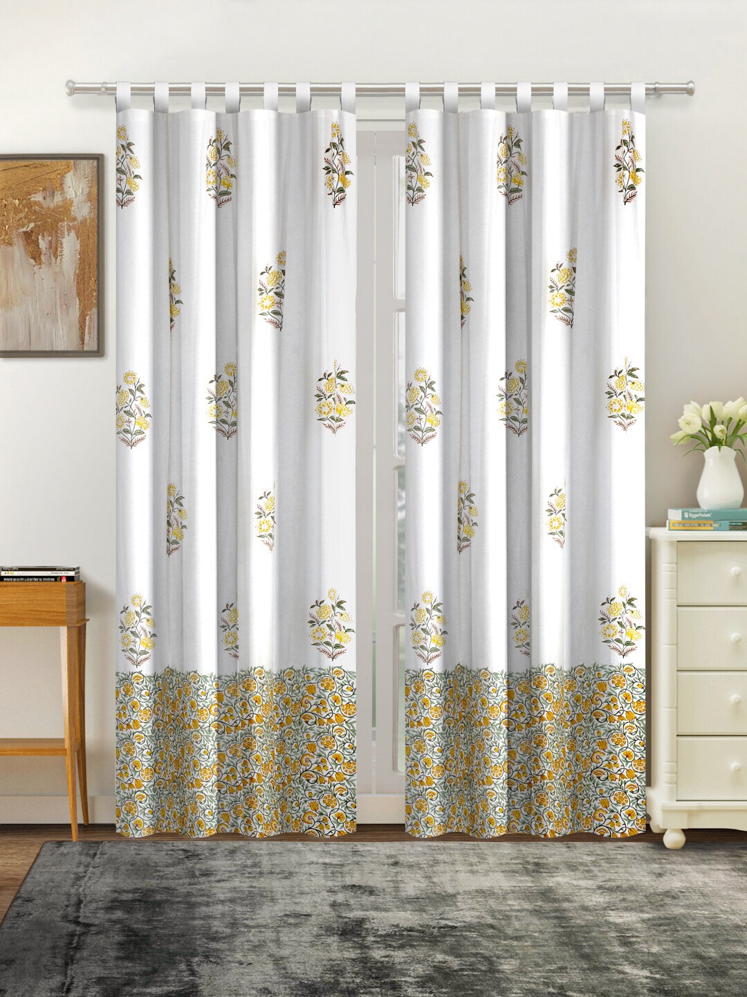 Rajasthan Decor White & Yellow Set of 2 Floral Door Curtain Price in India
