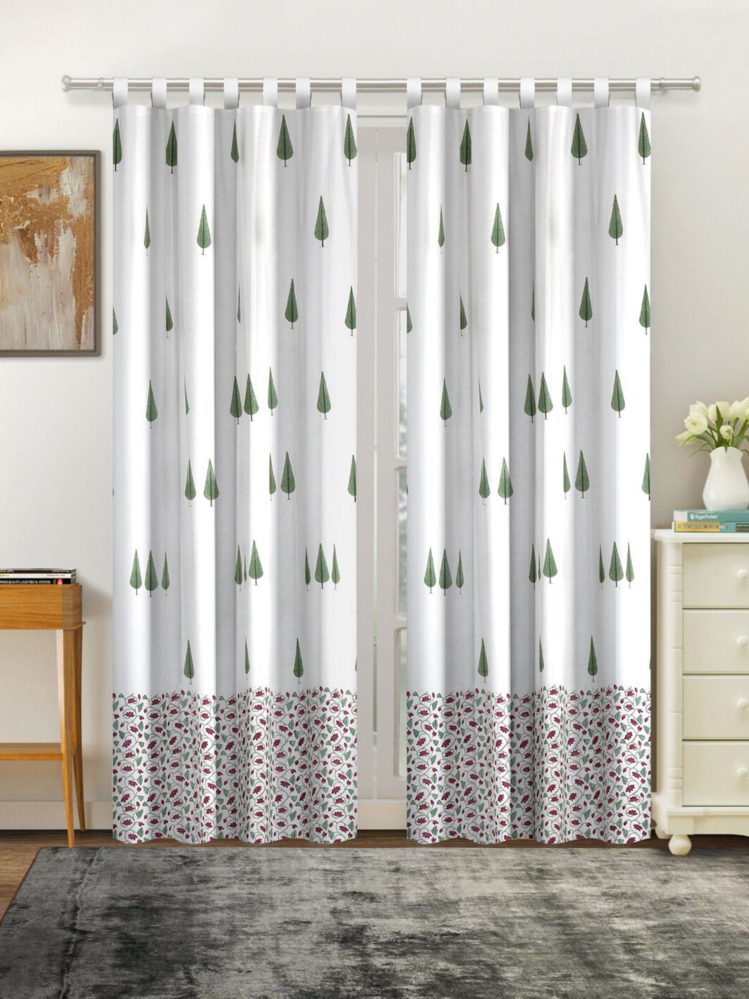 Rajasthan Decor White & Green Set of 2 Floral Door Curtain Price in India