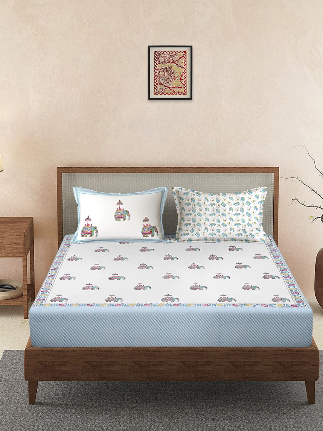 Rajasthan Decor White & Grey Ethnic Motifs 160 TC King Bedsheet with 2 Pillow Covers Price in India