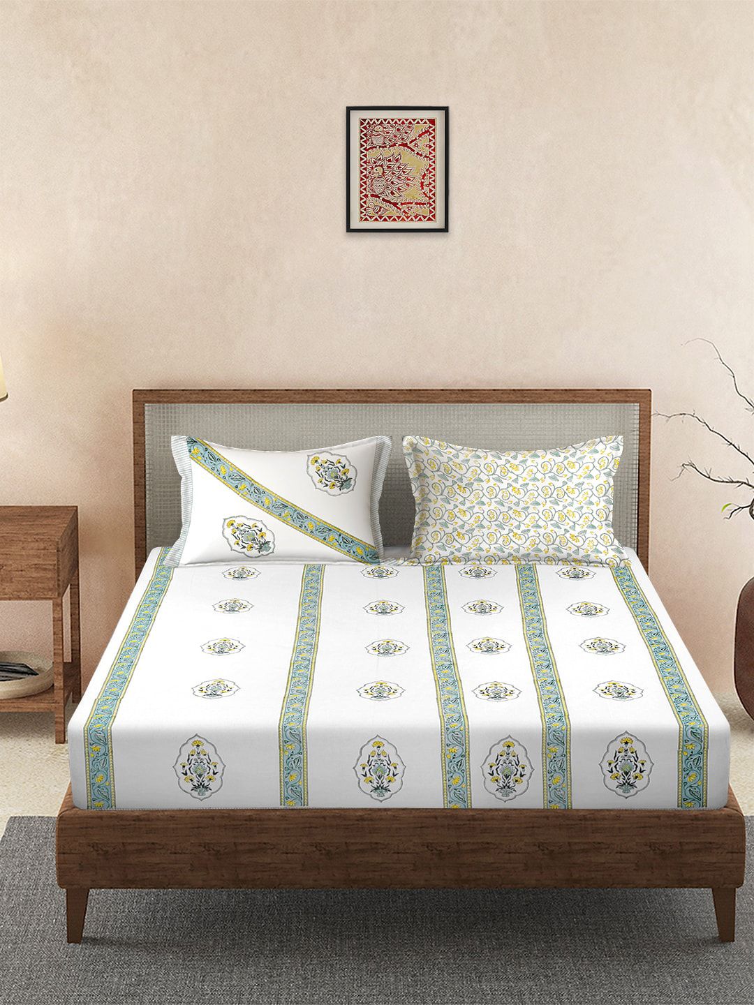 Rajasthan Decor White & Green Block Print 100% Cotton 160 TC King Bedsheet &2 Pillow Cover Price in India