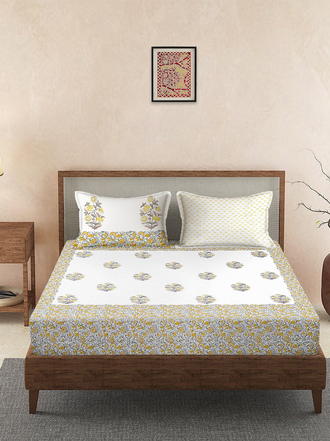 Rajasthan Decor White & Yellow Ethnic Motifs 210 TC King Bedsheet with 2 Pillow Covers Price in India