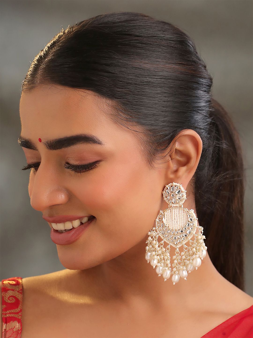 Chandbalis Earrings Yellow Chimes Gold Plated Kundan Pearl Chandbalis Earrings