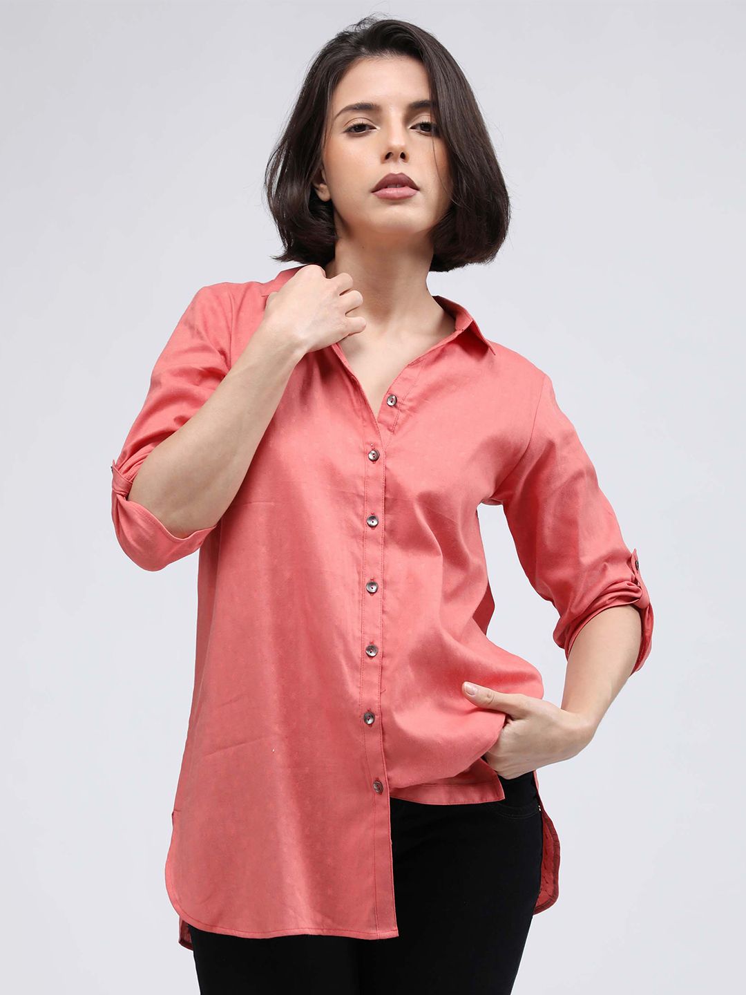 IDK Women Peach-Coloured Roll-Up Sleeves Shirt Style Longline Top Price in India