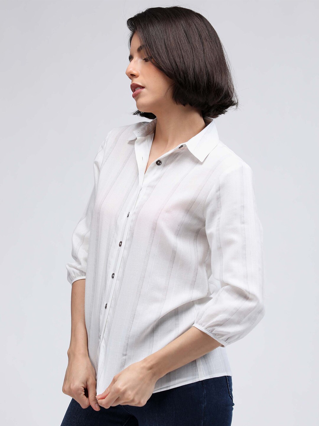 IDK Women White Striped Shirt Style Top Price in India