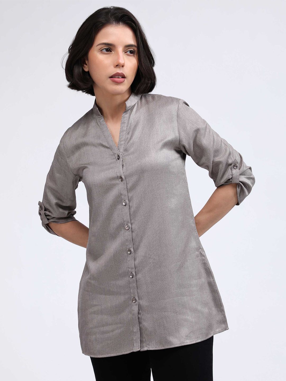 IDK Women Grey Mandarin Collar Roll-Up Sleeves Shirt Style Longline Top Price in India