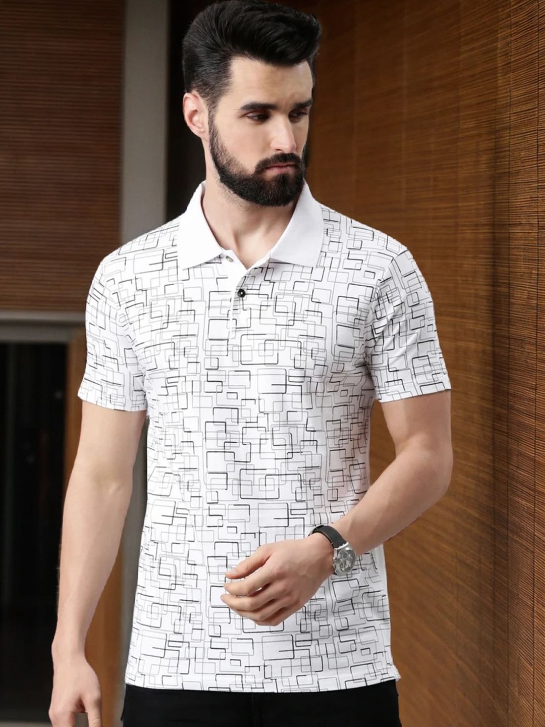 Kryptic Men Printed Polo Collar Monochrome Pure Cotton T-shirt