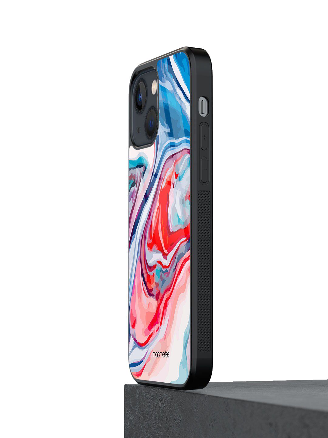 macmerise Blue & Red Printed Liquid Funk iPhone 13 Glass Phone Back Case Price in India