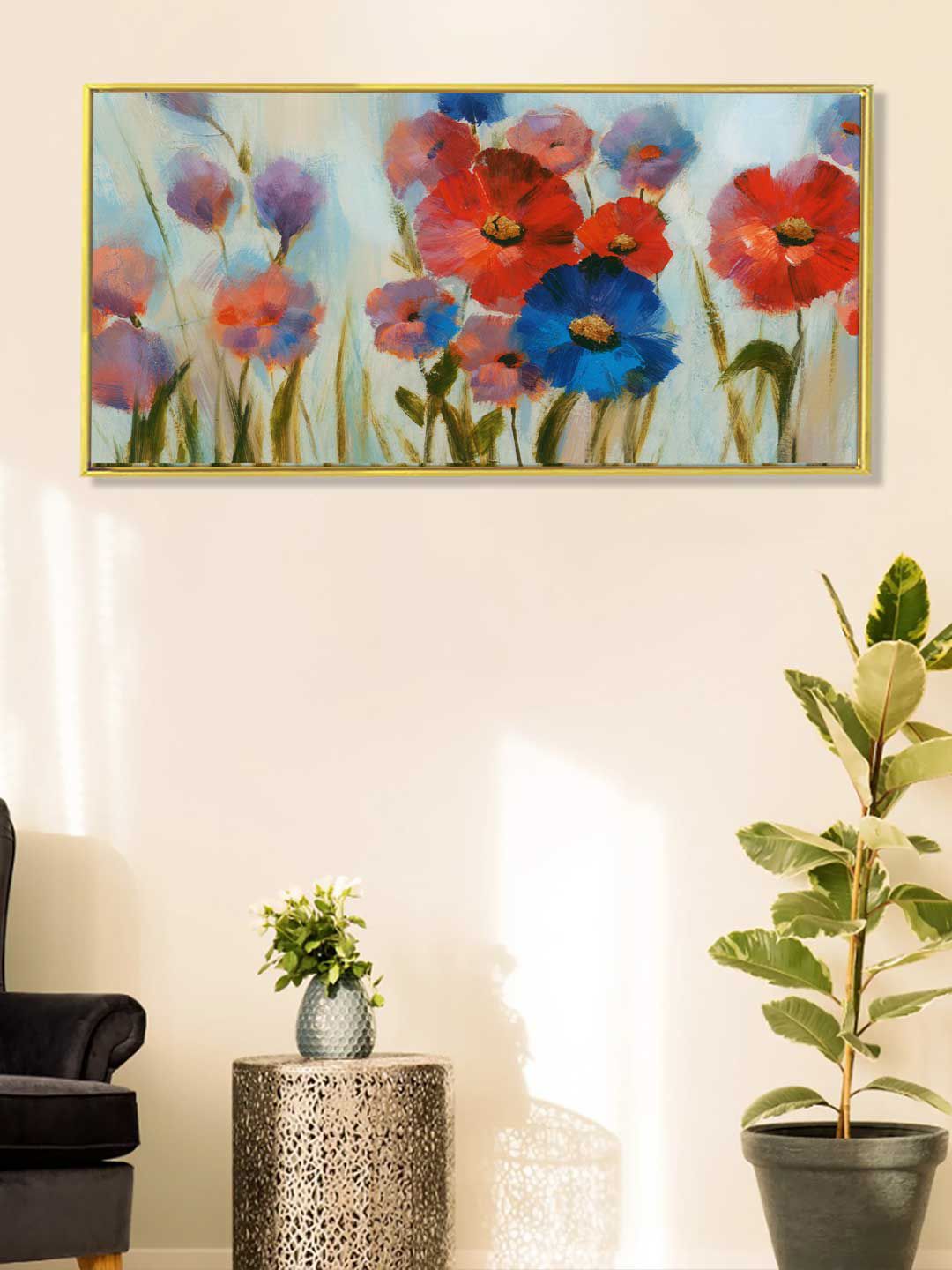 Art Street Red & Blue Floral Poppies Watercolour Canvas Wall Art Price in India