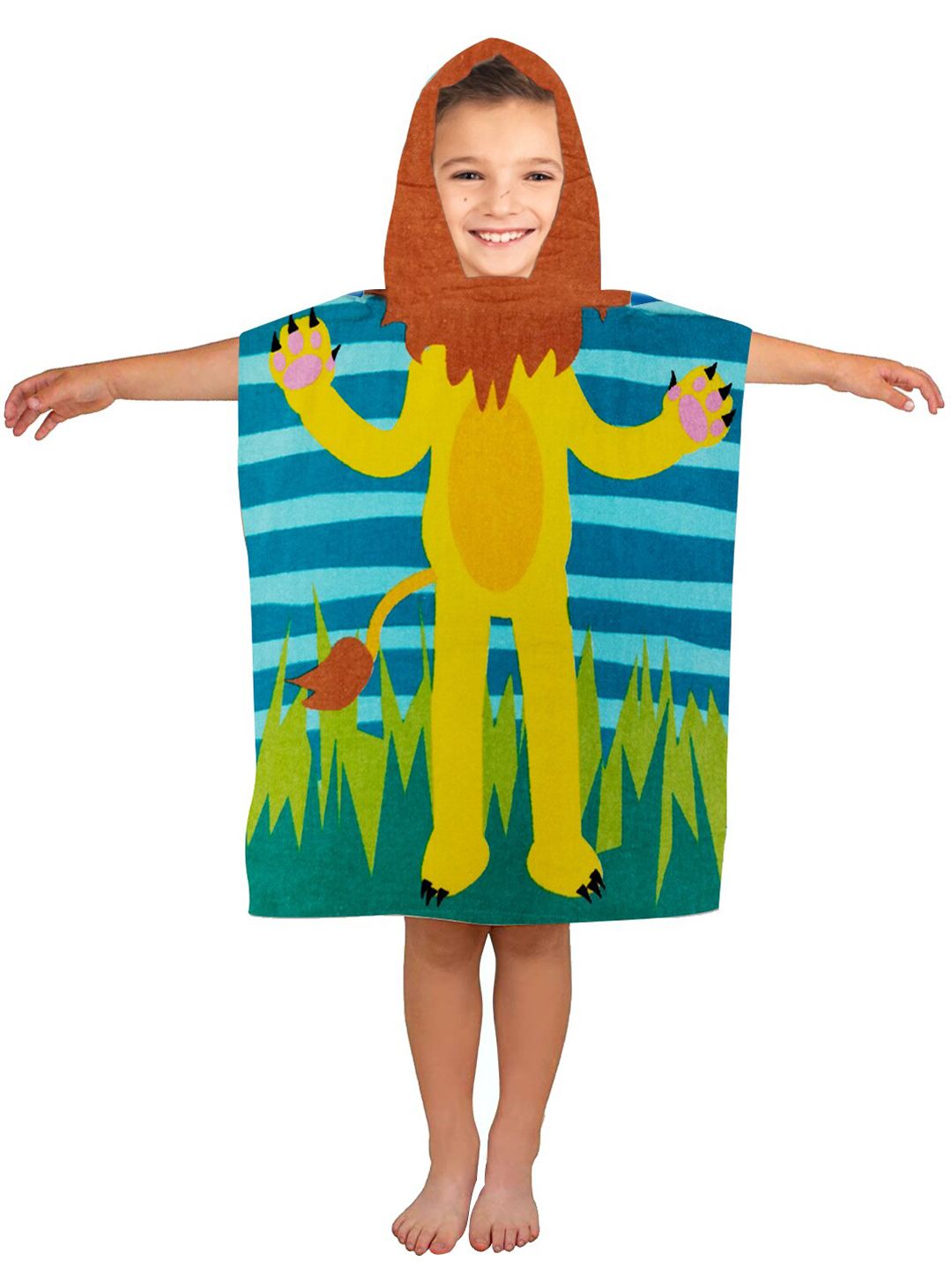Athom Trendz Unisex Kids Blue Printed 350 GSM Cotton Hooded Bath Towel