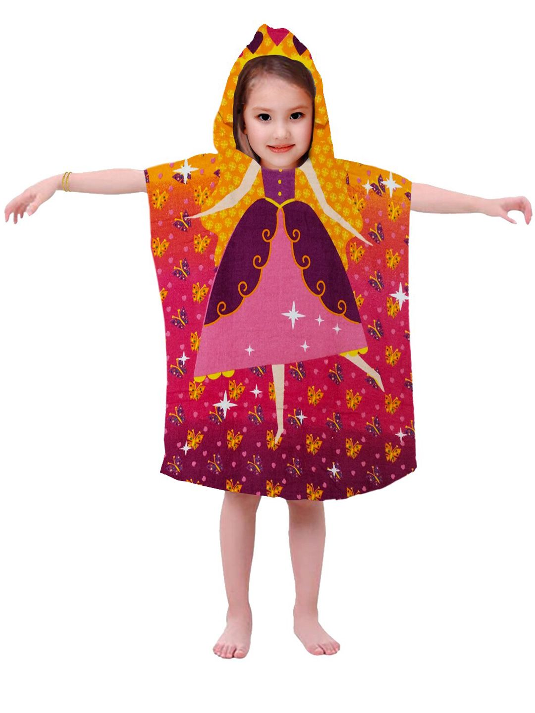 Athom Trendz Kids Purple & Yellow Printed 350 GSM Cotton Hooded Bath Towel