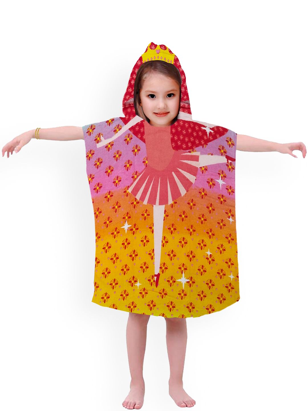 Athom Trendz Unisex Kids Pink & Orange Printed 350 GSM Cotton Hooded Bath Towel