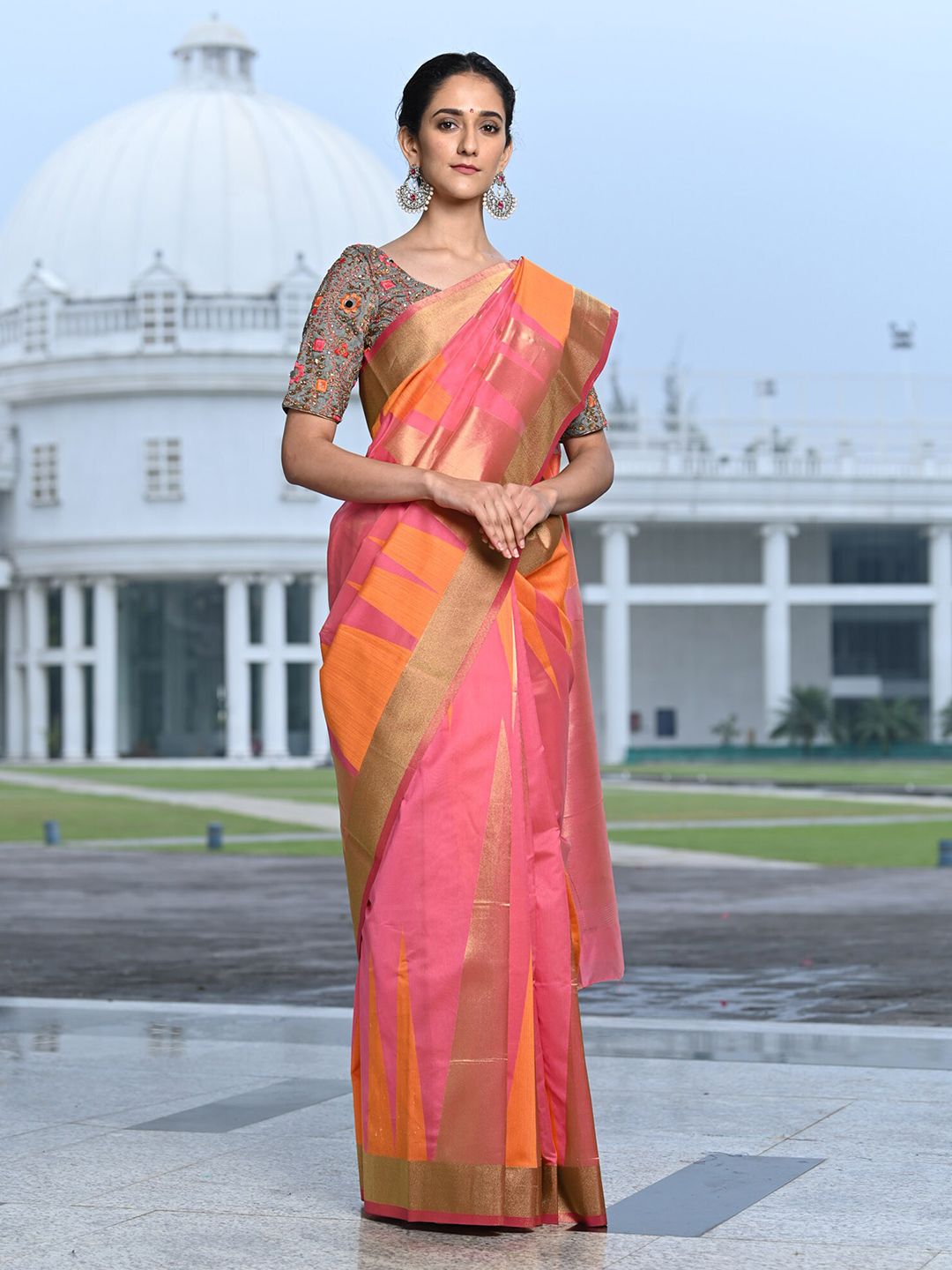 BEATITUDE Pink & Orange Woven Design Pure Cotton Saree Price in India