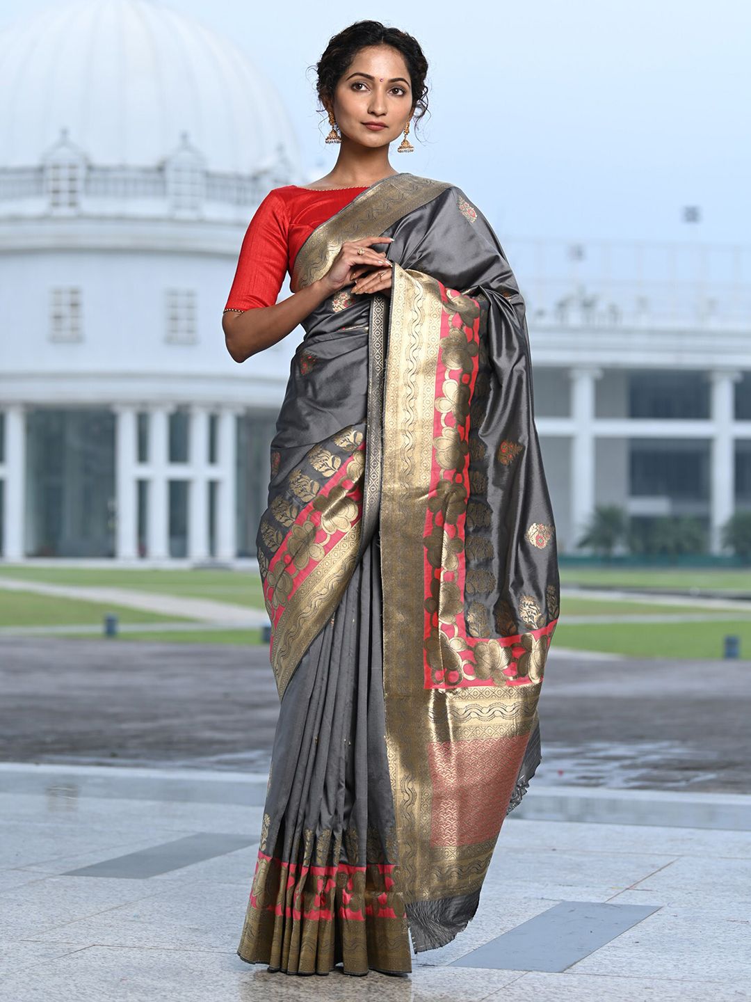 BEATITUDE Grey & Pink Woven Design Zari  Banarasi Saree Price in India