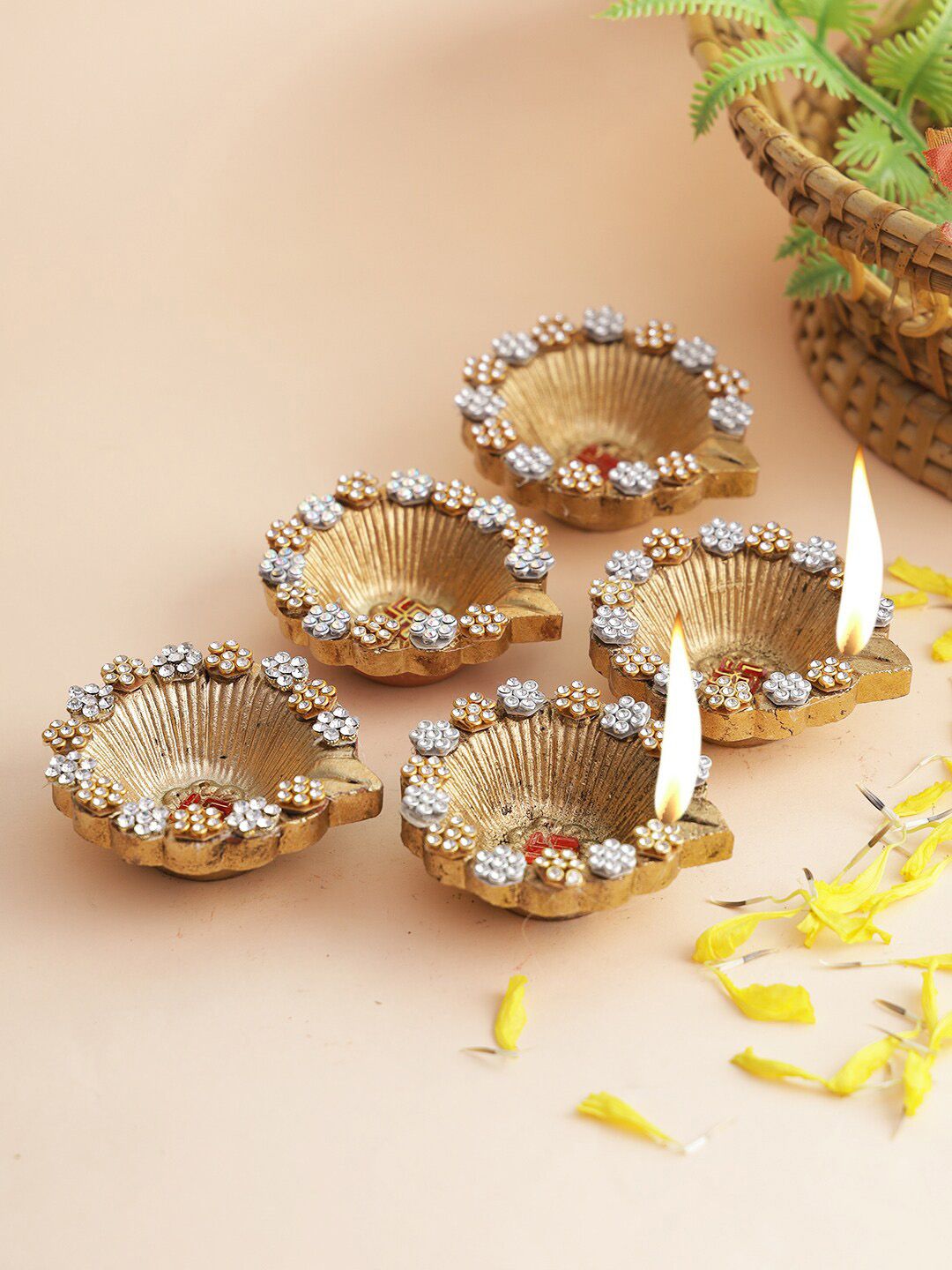 Aapno Rajasthan Set Of 5 Gold-Toned Handmade Terracotta Diyas Price in India