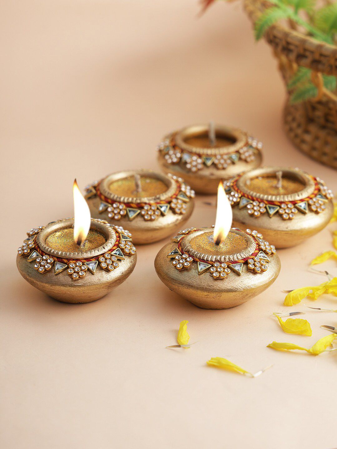 Aapno Rajasthan Set Of 5 Gold-Toned Handmade Terracotta Diyas With Gel Filling Price in India